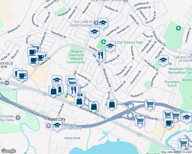 map of restaurants, bars, coffee shops, grocery stores, and more near 1244 Puu Kipa Street in Pearl City