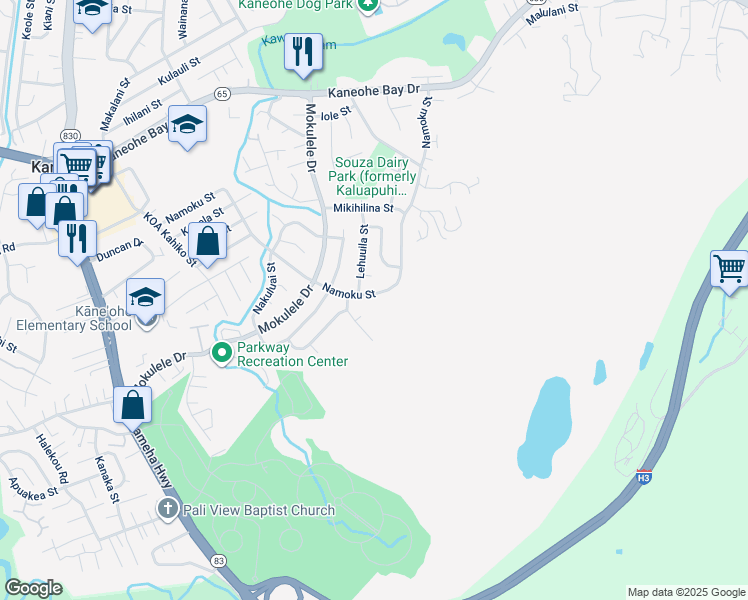 map of restaurants, bars, coffee shops, grocery stores, and more near 45-168 Namoku Street in Kaneohe