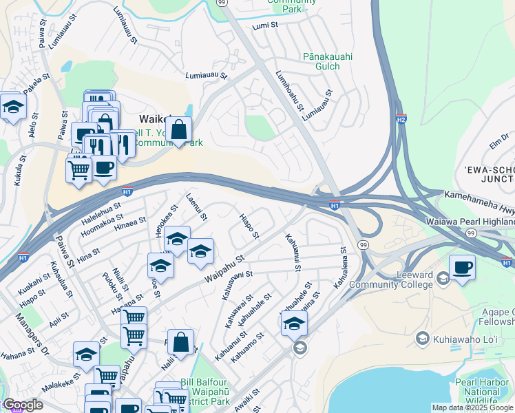 map of restaurants, bars, coffee shops, grocery stores, and more near 94-455 Hiahia Loop in Waipahu
