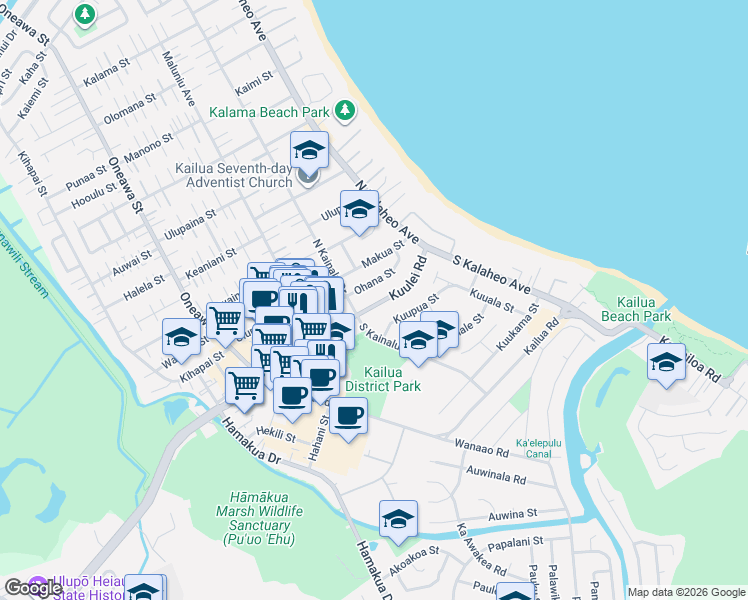map of restaurants, bars, coffee shops, grocery stores, and more near 176 Kuulei Road in Kailua