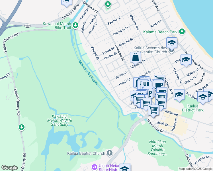 map of restaurants, bars, coffee shops, grocery stores, and more near 309 Kihapai Street in Kailua