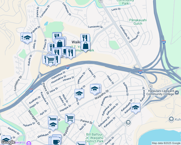 map of restaurants, bars, coffee shops, grocery stores, and more near 94-1345 Hiapo Place in Waipahu