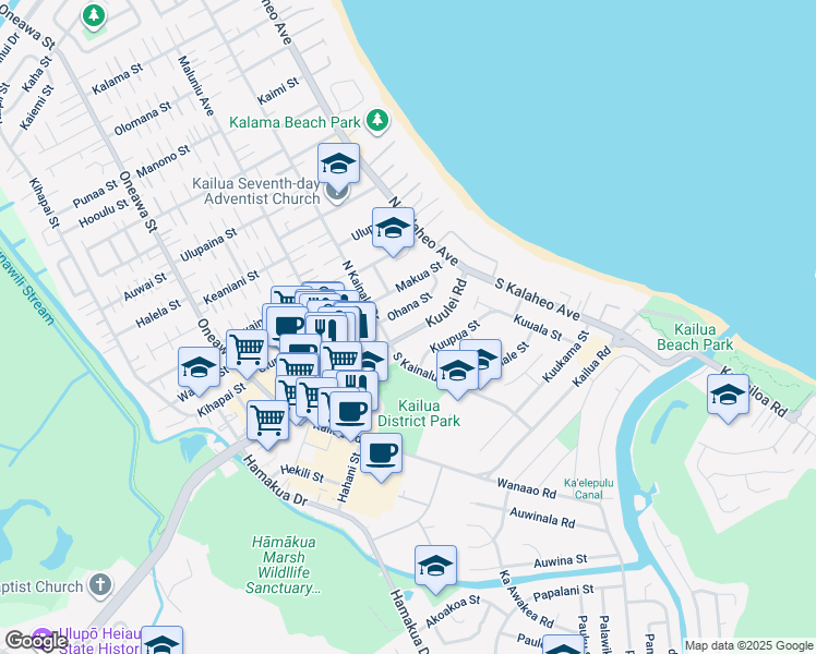 map of restaurants, bars, coffee shops, grocery stores, and more near 176 Kuulei Road in Kailua