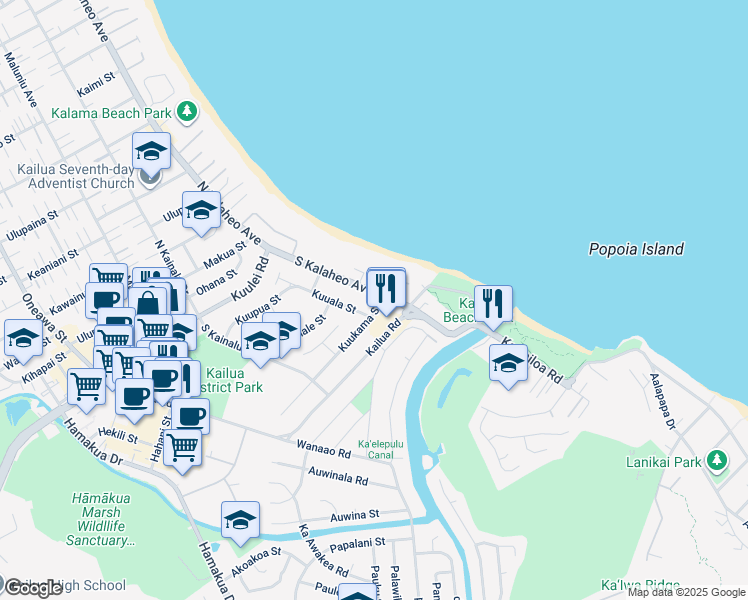 map of restaurants, bars, coffee shops, grocery stores, and more near 52 Kuukama Street in Kailua