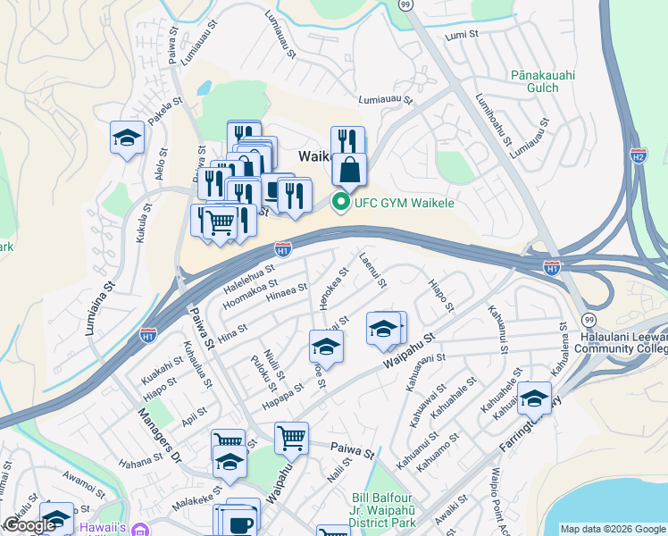 map of restaurants, bars, coffee shops, grocery stores, and more near 94-1229 Hinaea Street in Waipahu