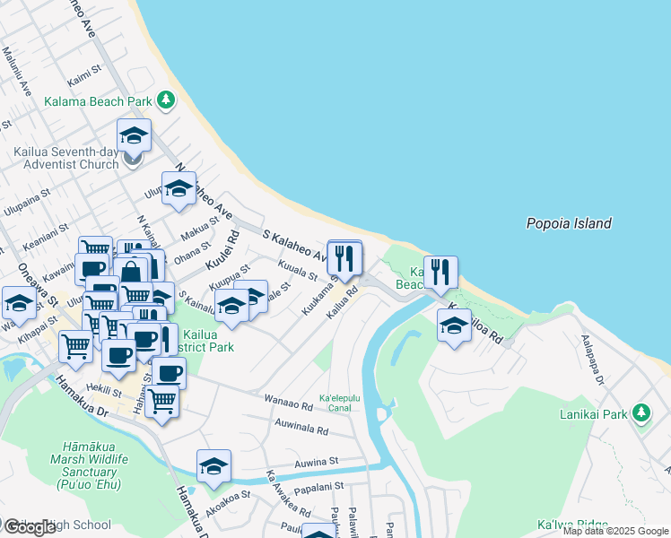 map of restaurants, bars, coffee shops, grocery stores, and more near 46 Kuukama Street in Kailua