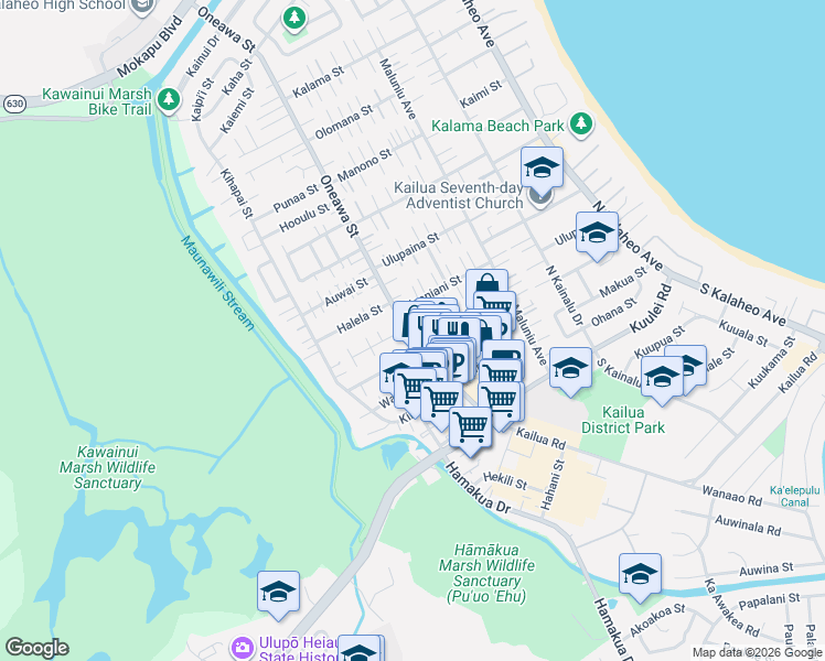 map of restaurants, bars, coffee shops, grocery stores, and more near 460 Kawainui Street in Kailua