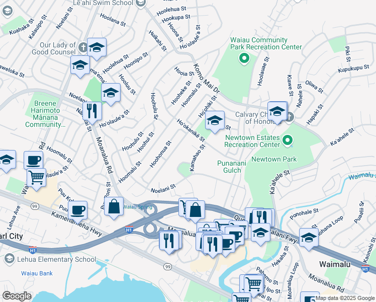 map of restaurants, bars, coffee shops, grocery stores, and more near 981440 Koaheahe Street in Pearl City