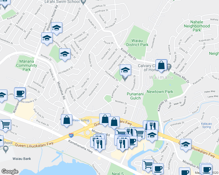 map of restaurants, bars, coffee shops, grocery stores, and more near 981440 Koaheahe Street in Pearl City