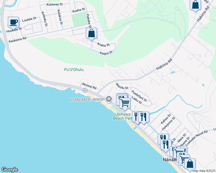 map of restaurants, bars, coffee shops, grocery stores, and more near 87-155 Hakimo Road in Waianae