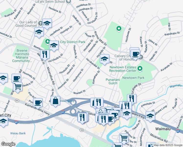 map of restaurants, bars, coffee shops, grocery stores, and more near 98-533 Kamahao Place in Pearl City