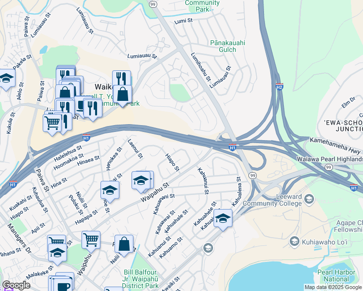 map of restaurants, bars, coffee shops, grocery stores, and more near 94-455 Hiahia Loop in Waipahu