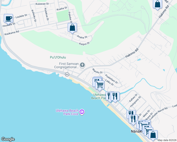 map of restaurants, bars, coffee shops, grocery stores, and more near 87-155 Hakimo Road in Waianae