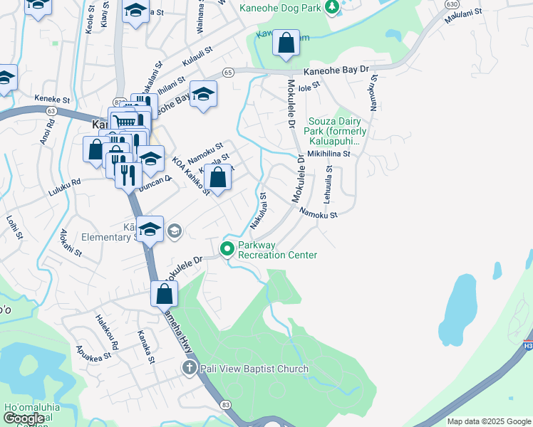 map of restaurants, bars, coffee shops, grocery stores, and more near 45-338 Nakuluai Street in Kaneohe