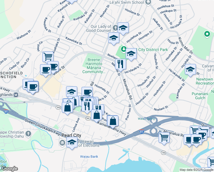 map of restaurants, bars, coffee shops, grocery stores, and more near 824 Hoomalu Street in Pearl City