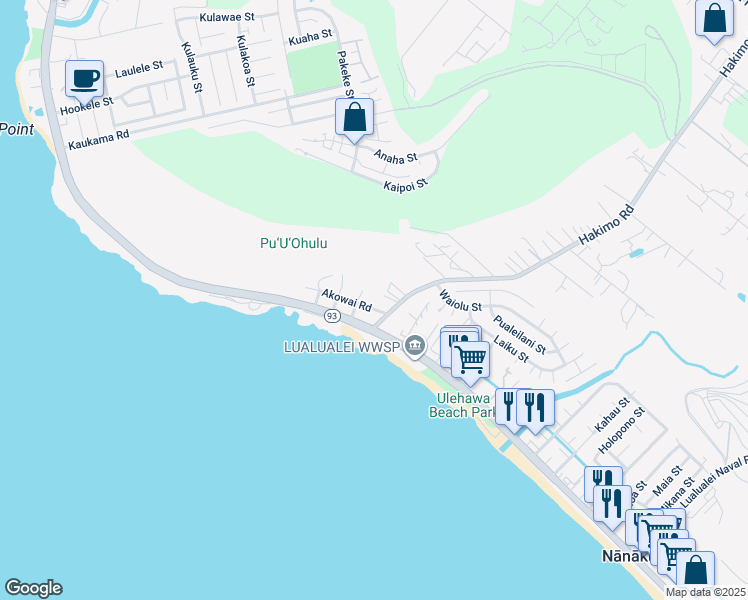 map of restaurants, bars, coffee shops, grocery stores, and more near 87-1485 Akowai Road in Waianae