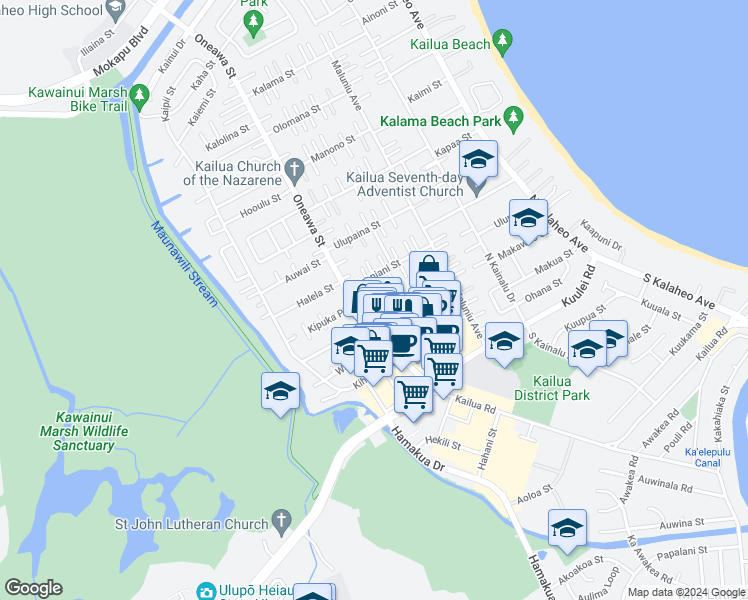 map of restaurants, bars, coffee shops, grocery stores, and more near 240 Keaniani Place in Kailua