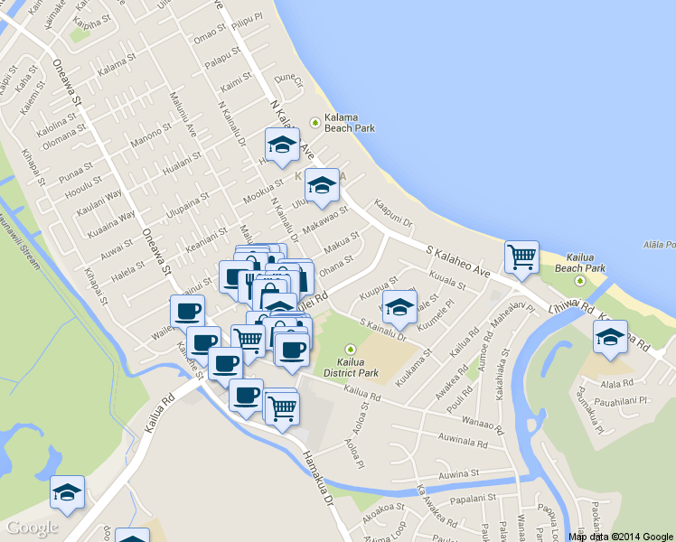 map of restaurants, bars, coffee shops, grocery stores, and more near 176 Kuulei Road in Kailua