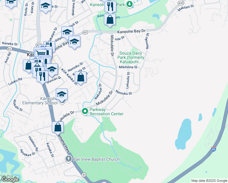map of restaurants, bars, coffee shops, grocery stores, and more near 45-186 Namoku Street in Kaneohe