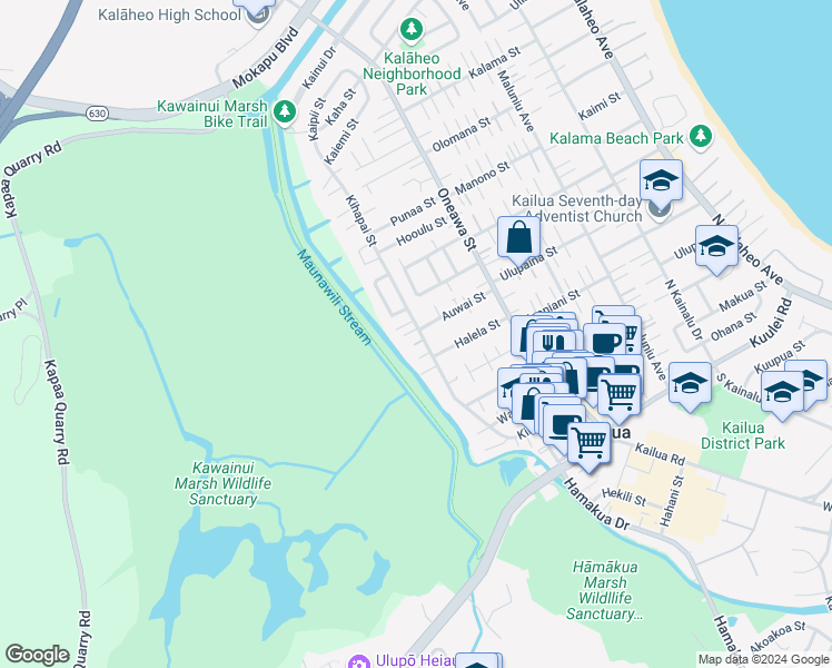map of restaurants, bars, coffee shops, grocery stores, and more near 309 Kihapai Street in Kailua