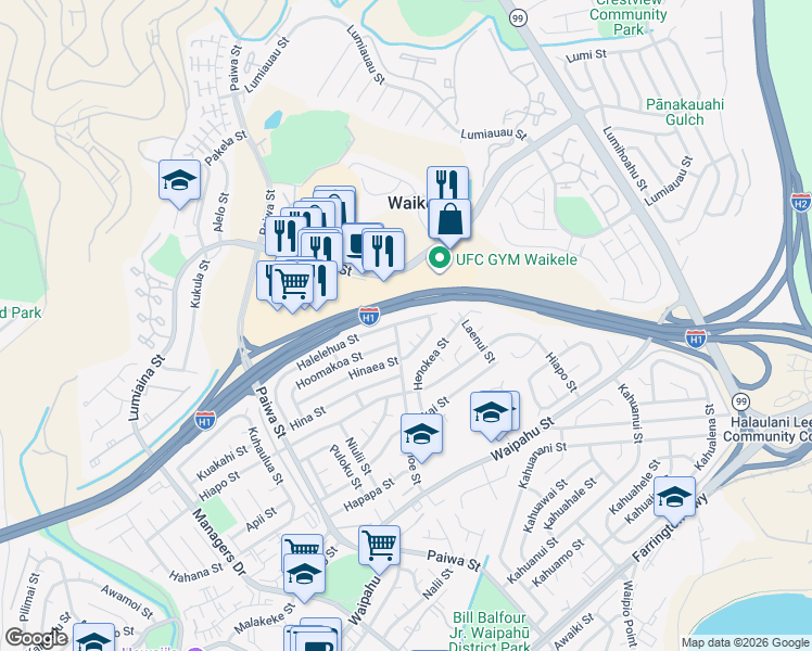 map of restaurants, bars, coffee shops, grocery stores, and more near 94-1205 Halelehua Street in Waipahu