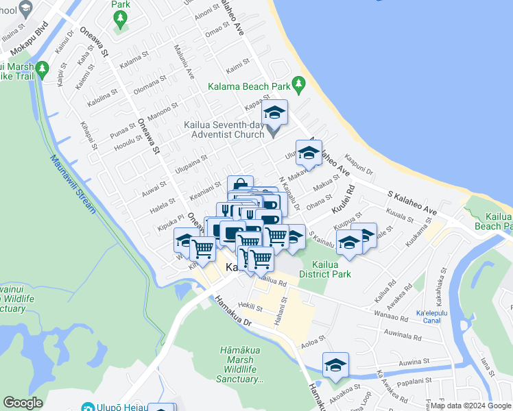 map of restaurants, bars, coffee shops, grocery stores, and more near 135 Maluniu Avenue in Kailua