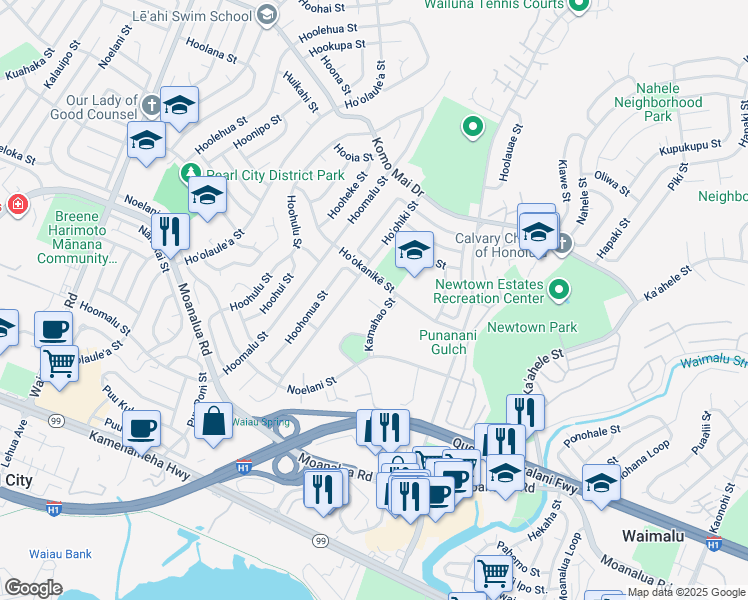 map of restaurants, bars, coffee shops, grocery stores, and more near 981440 Koaheahe Street in Pearl City
