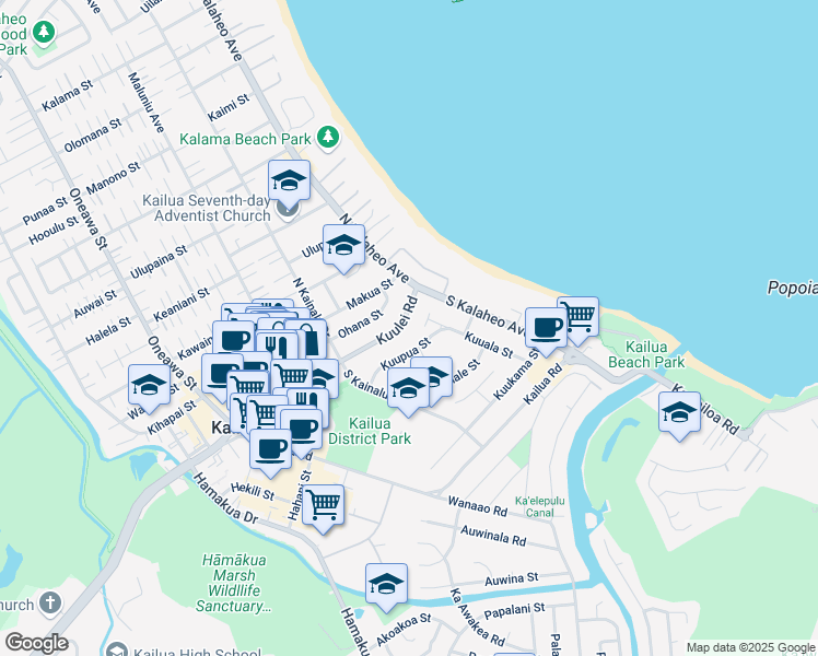 map of restaurants, bars, coffee shops, grocery stores, and more near 135 Kuulei Road in Kailua