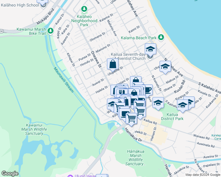 map of restaurants, bars, coffee shops, grocery stores, and more near 255 Oneawa Street in Kailua