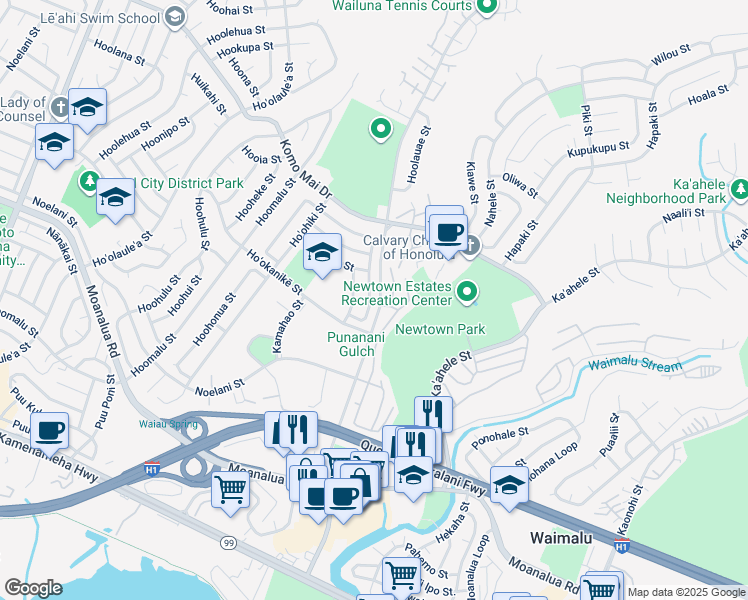 map of restaurants, bars, coffee shops, grocery stores, and more near 98-1571 Hoʻomāʻike Street in Pearl City