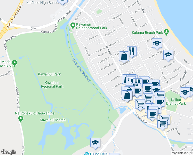 map of restaurants, bars, coffee shops, grocery stores, and more near 739 Kahoa Drive in Kailua