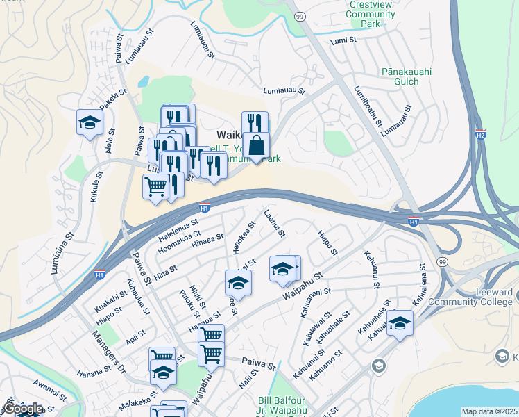 map of restaurants, bars, coffee shops, grocery stores, and more near 94-1362 Henokea Street in Waipahu