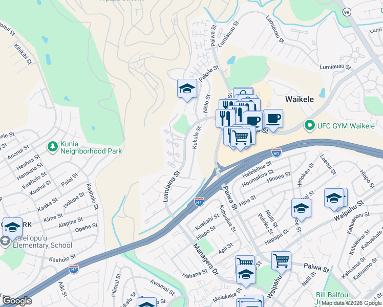 map of restaurants, bars, coffee shops, grocery stores, and more near 94-1122 Kukula Street in Waipahu