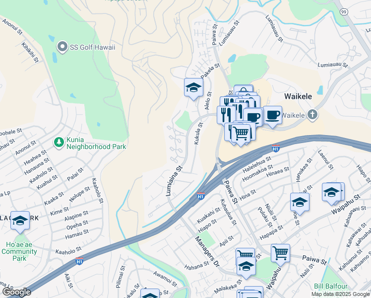 map of restaurants, bars, coffee shops, grocery stores, and more near 94-641 Lumiaina Street in Waipahu