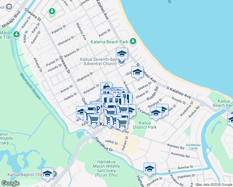 map of restaurants, bars, coffee shops, grocery stores, and more near 101D North Kainalu Drive in Kailua