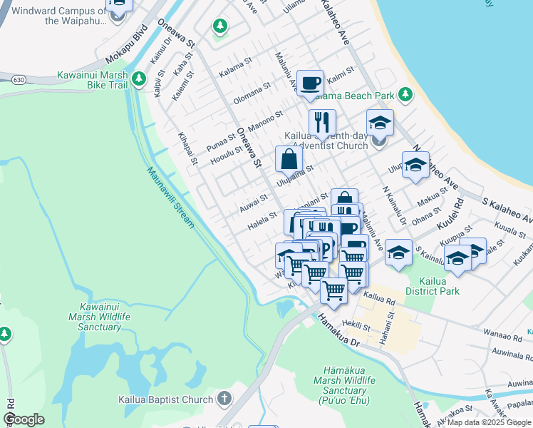 map of restaurants, bars, coffee shops, grocery stores, and more near in Kailua