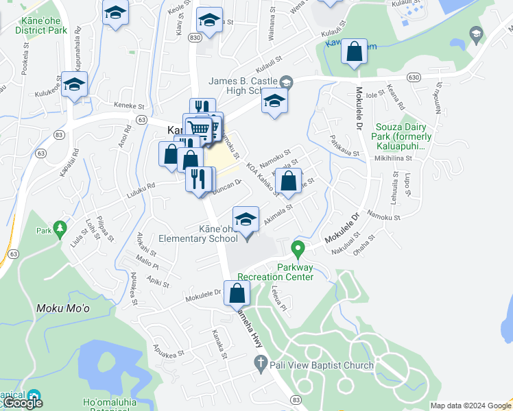 map of restaurants, bars, coffee shops, grocery stores, and more near 45-551 Duncan Drive in Kaneohe