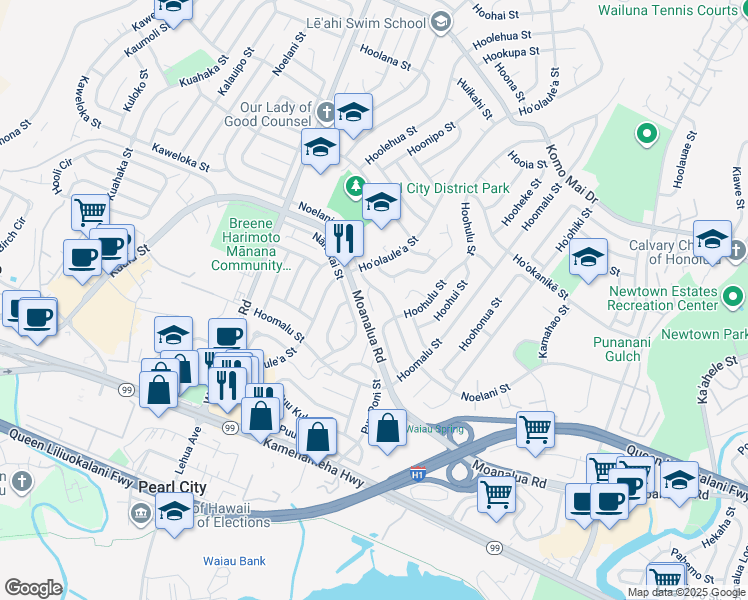 map of restaurants, bars, coffee shops, grocery stores, and more near 1338 Noelani Place in Pearl City