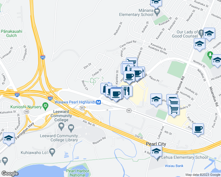 map of restaurants, bars, coffee shops, grocery stores, and more near 1103 Acacia Road in Pearl City
