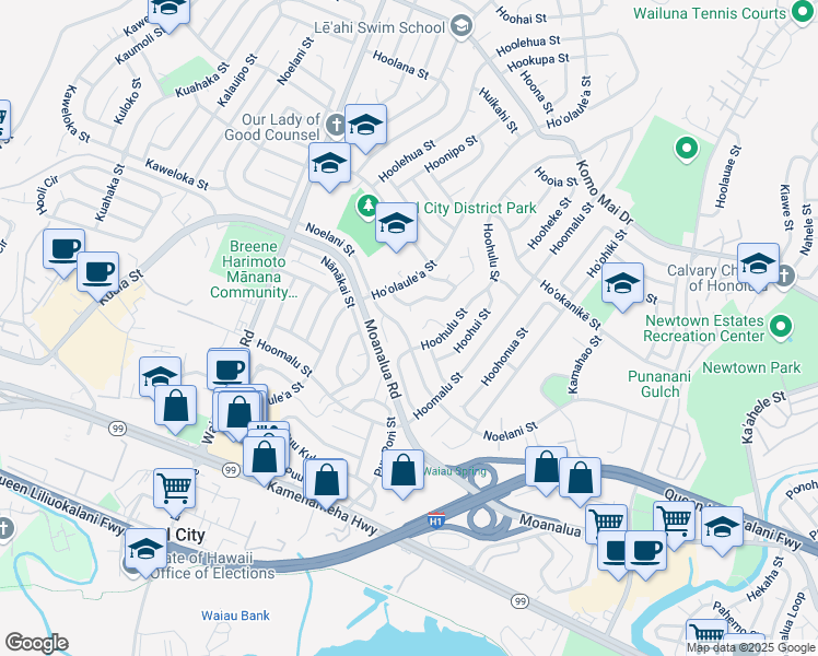 map of restaurants, bars, coffee shops, grocery stores, and more near 1453 Hoʻohaku Place in Pearl City