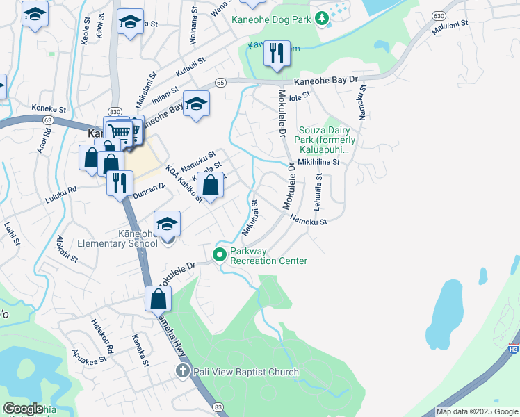 map of restaurants, bars, coffee shops, grocery stores, and more near 45-309 Nakuluai Street in Kaneohe