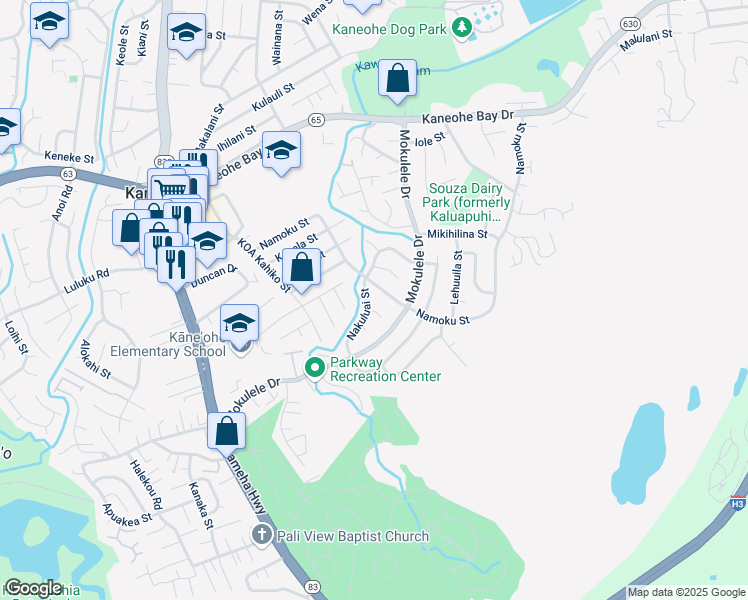 map of restaurants, bars, coffee shops, grocery stores, and more near 45-309 Nakuluai Street in Kaneohe