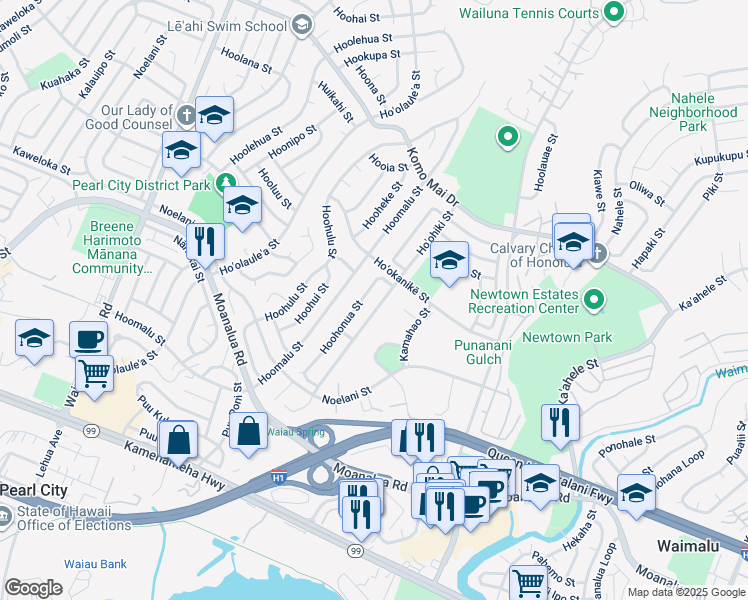 map of restaurants, bars, coffee shops, grocery stores, and more near 98-1442 Hoohonua Street in Pearl City
