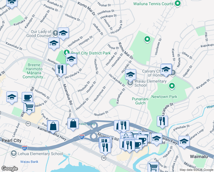 map of restaurants, bars, coffee shops, grocery stores, and more near 98-1442 Hoohonua Street in Pearl City