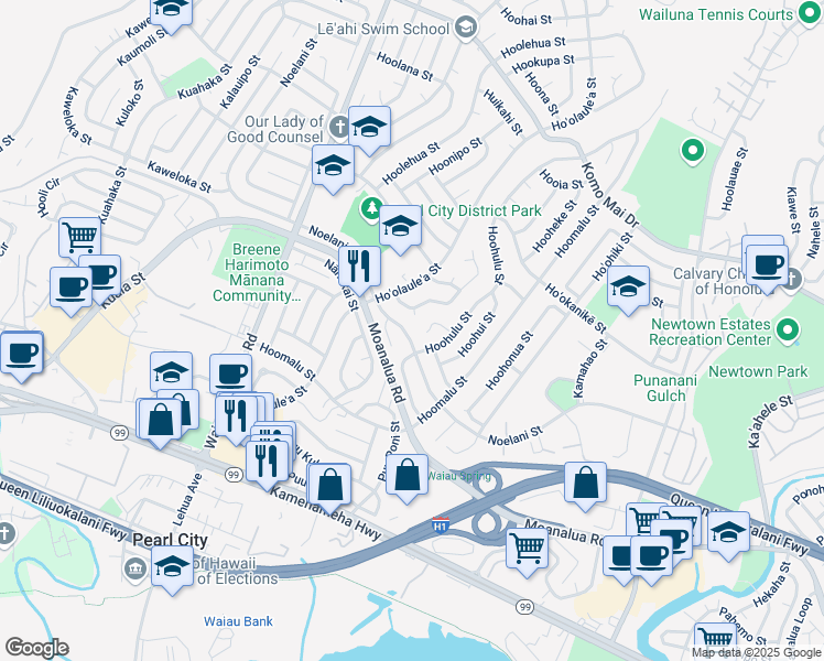 map of restaurants, bars, coffee shops, grocery stores, and more near 1453 Hoʻohaku Place in Pearl City