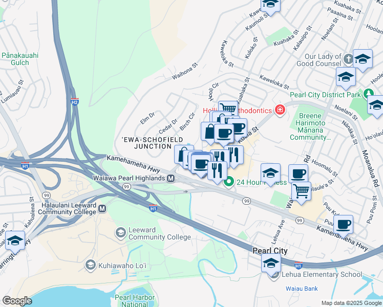 map of restaurants, bars, coffee shops, grocery stores, and more near 1103 Acacia Road in Pearl City