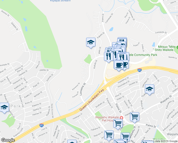 map of restaurants, bars, coffee shops, grocery stores, and more near 94-641 Lumiaina Street in Waipahu