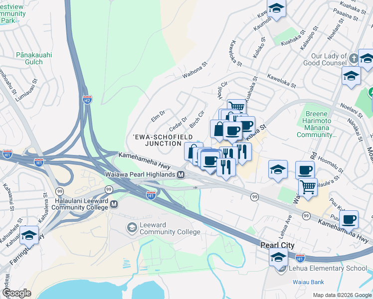 map of restaurants, bars, coffee shops, grocery stores, and more near 7249 Birch Circle in Pearl City