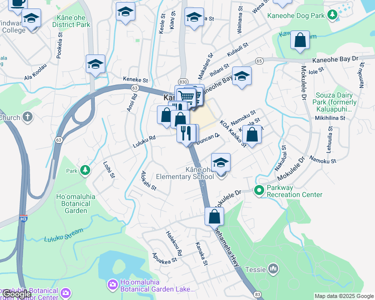 map of restaurants, bars, coffee shops, grocery stores, and more near 45-619 Duncan Drive in Kaneohe