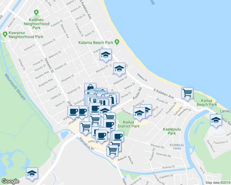 map of restaurants, bars, coffee shops, grocery stores, and more near 70 North Kainalu Drive in Kailua